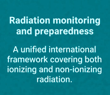 Radiation monitoring and preparedness covering both ionizing and non- in white words on a green background.