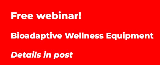 Graphic with red background and white text announcing a free webinar on Bioadaptive Wellness Equipment, with additional note “Details in post”.