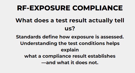 Graphic titled “RF-Exposure Compliance” explaining what a test result establishes and what it does not.